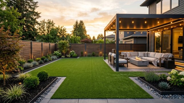 Modern backyard oasis with lush green lawn and cozy outdoor seating area.