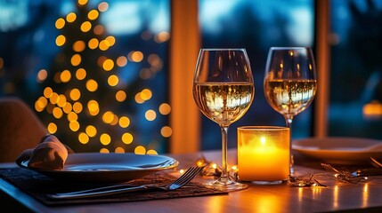 Fototapeta premium Elegant Candlelit Table Setting For Two With White Wine Near A Christmas Festive Tree At Dusk View