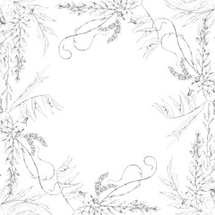 Obraz premium Botanical frame of flowering wisteria clusters, leafy branches and delicate tendril details. Graphite pencil hand drawn illustration. Estate branding, decorative certificates, floral catalog covers.
