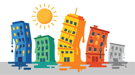 Obraz premium Melting city buildings vector illustration set. Extreme heatwave urban climate crisis concept. Colorful houses melting under hot sun isolated on white.