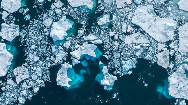 Aerial view of floating icebergs and sea ice fragments drifting in the deep blue arctic ocean waters