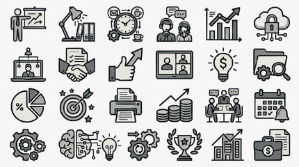 Fototapeta premium Industrial Style Black and White Line Icons Set Featuring Business Finance Technology and Productivity Concepts