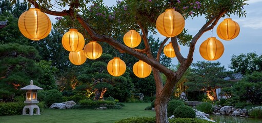 Fototapeta premium At dusk in a tranquil garden, golden lanterns glow warmly, enhancing Lunar New Year celebrations.