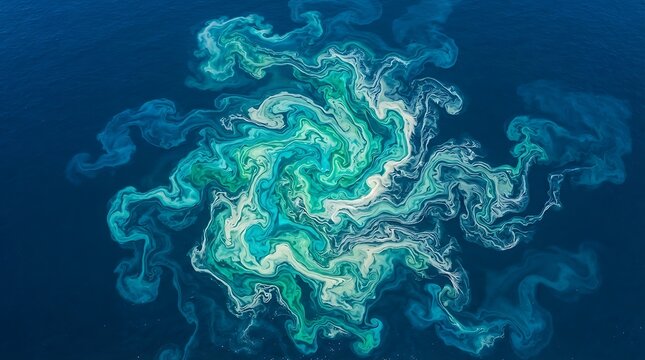 Abstract ocean algae bloom swirl pattern viewed from above in deep blue water