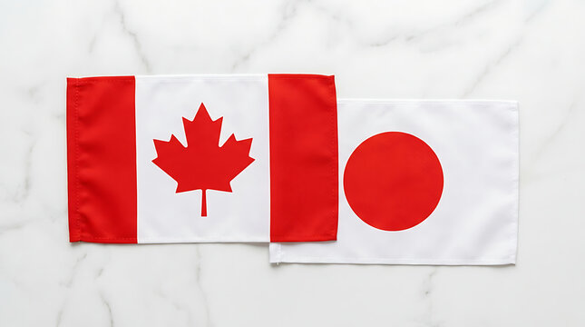 Two small national flags of Canada and Japan displayed on a white marble surface
