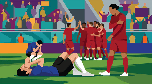 Frustrated football team losing tournament match vector illustration. Sad soccer players on pitch covering faces in despair. Opponent red team huddling and celebrating victory in stadium.