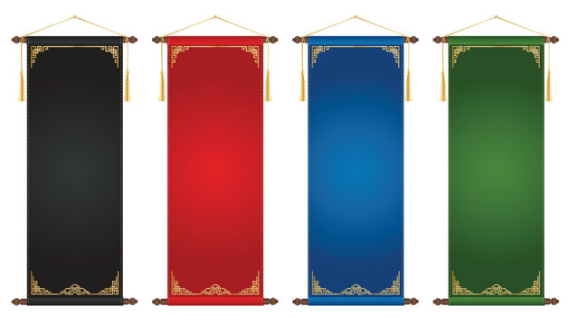 Decorative Chinese style scroll banner design Vintage paper dialogue frame banners in black, red, blue and green colors with gold corner ornaments, tassels and wooden rollers on white background.