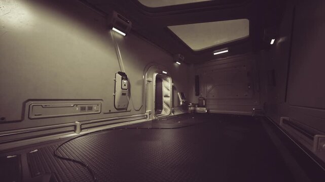 Dim maintenance corridor with scattered equipment, low warm lighting, sealed hatches, access panels, exposed wiring, textured flooring, tool carts, echoing