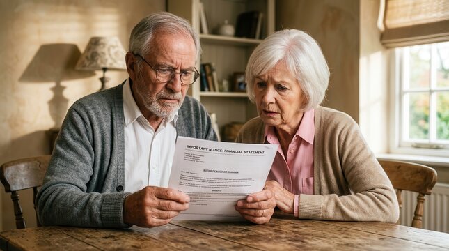 Senior couple sitting at a wooden table, reviewing a financial statement document together