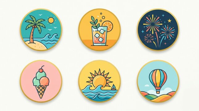 Summer vacation icons set with beach drinks fireworks ice cream sun and hot air balloon illustrations