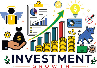 Obraz premium Professional investment growth vector illustration featuring rising bar charts, financial analytics, savings, stock market, wealth management, business success, ROI, banking, and economic growth typog