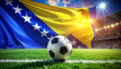 Fototapeta premium Bosnia and Herzegovina flag behind a soccer ball on bright stadium grass, national pride, energy, passion, competitive spirit, dramatic atmosphere.