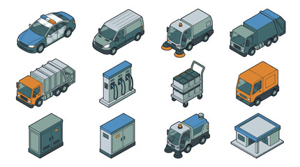 Isometric collection of various service vehicles and utility buildings, including police car, vans, street sweeper, garbage truck, gas station, and utility boxes. © Maulana