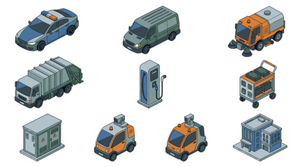 Isometric collection of municipal service vehicles and equipment, including a police car, van, street sweeper, garbage truck, and charging station. © Maulana