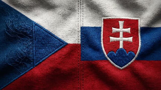 Multiple frames of Slovak flag fabric with embroidered shield emblem in a sequential video