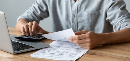 Fototapeta premium Person calculating expenses with financial documents, laptop, and calculator on a wooden office desk.