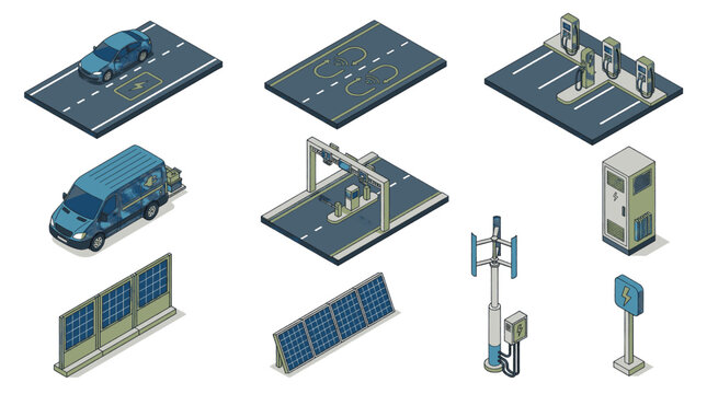 Collection of futuristic electric vehicles and charging stations in isometric design.