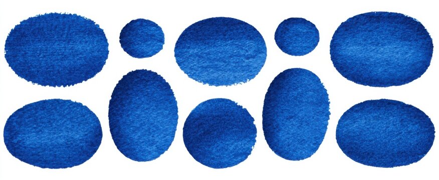 Distressed blue watercolor oval shapes collection hand-painted with sponge. Retro textured irregular stamps, borders, label designs. Artwork isolated on white background.