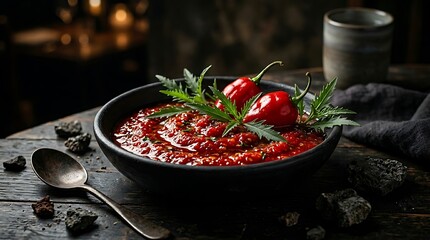 Traditional Bolivian llajua sauce in ceramic dish with chili peppers