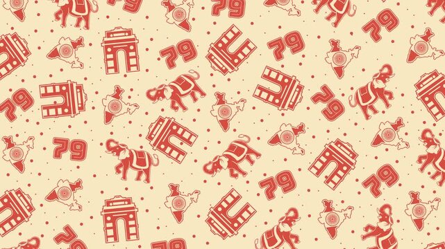 79th Indian Independence Day. 4K looping background featuring a seamless pattern of Indian monuments, elephants, maps, and the number 79 in red on a cream background. Perfect for event screens.