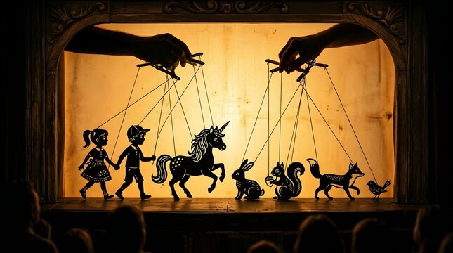Puppet show, marionettes, silhouette theater, shadow play, kids entertainment