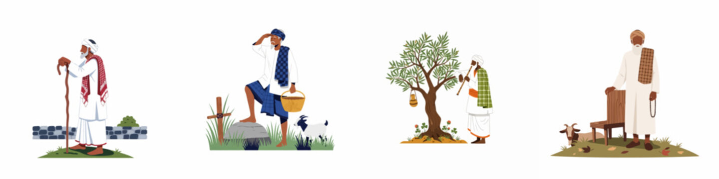 Vector illustrations of elderly men in traditional Middle Eastern and South Asian attire performing rural tasks, such as herding, playing music, and resting.
