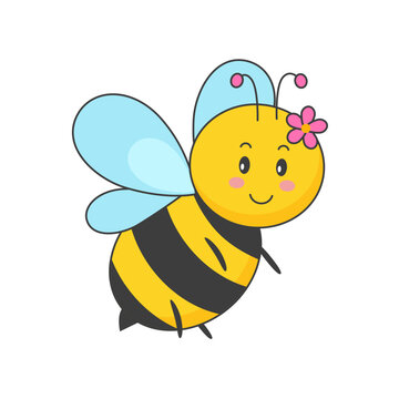 Cute cartoon bee, honey flying bee, vector bee on white background.