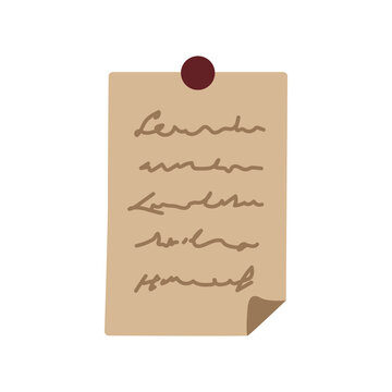 Vintage Paper Note with Handwritten Text and Push Pin Isolated on White Background. Vector Illustration.
