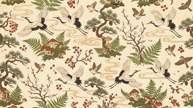 Japanese seamless pattern with flying red-crowned cranes, traditional pine trees, red berries and wild mushrooms vector background