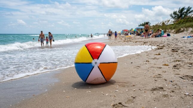 Vibrant beach ball on sandy shore with family fun in background