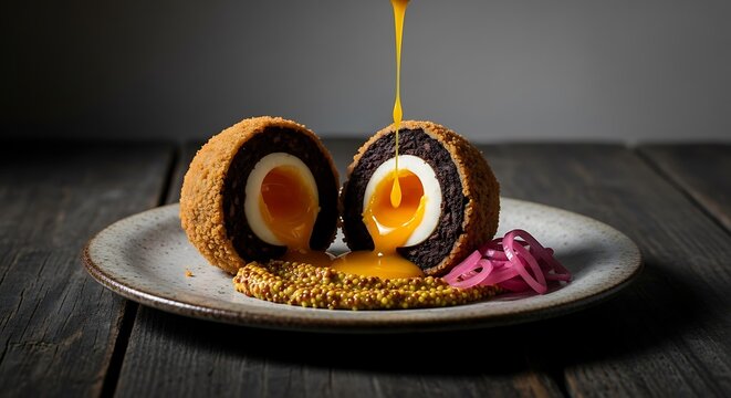British Black Pudding Scotch Egg with Runny Yolk on a Rustic Plate in a Moody Setup