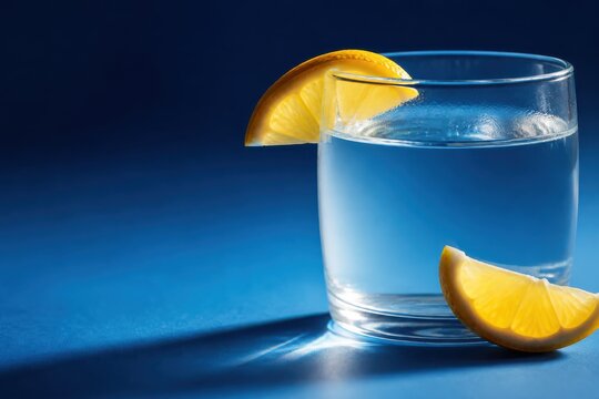 Blue lemon drink in glass with citrus garnish on a clean studio background