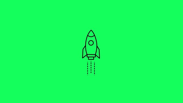 Rocket flying on sky line animation on green transparent background. Space rocket liner icon. Rocket successful launch icon animation with alpha channel