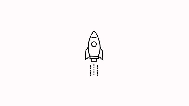 Rocket flying on sky line animation on white transparent background. Space rocket liner icon. Rocket successful launch icon animation with alpha channel