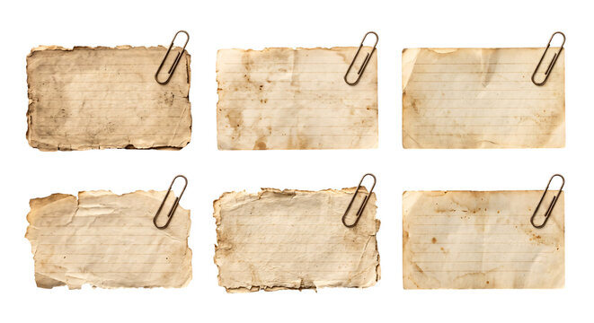 Vintage collection of old, stained paper pieces with paper clips with torn edges of lining papers, isolated on a transparent Background PNG