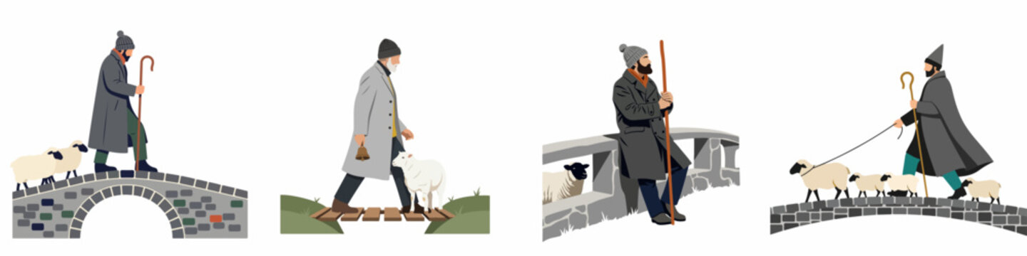 Set of minimalist flat vector illustrations depicting shepherds leading their sheep across various stone and wooden bridges in a rural setting.