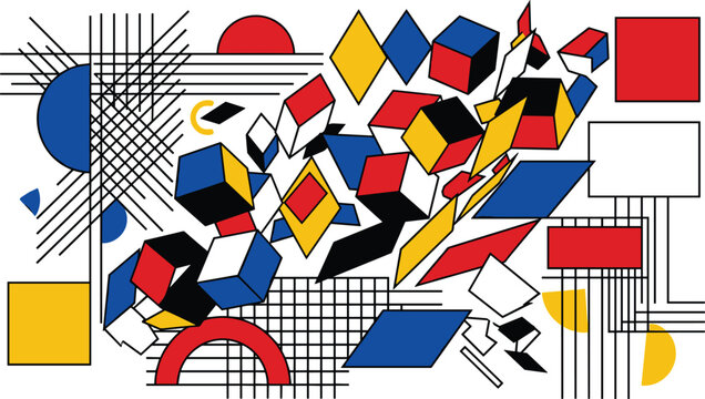 Abstract geometric constructivism vector background featuring primary colors cubes lines grids and shapes.Abstract geometric constructivism vector background featuring primary colors cubes 