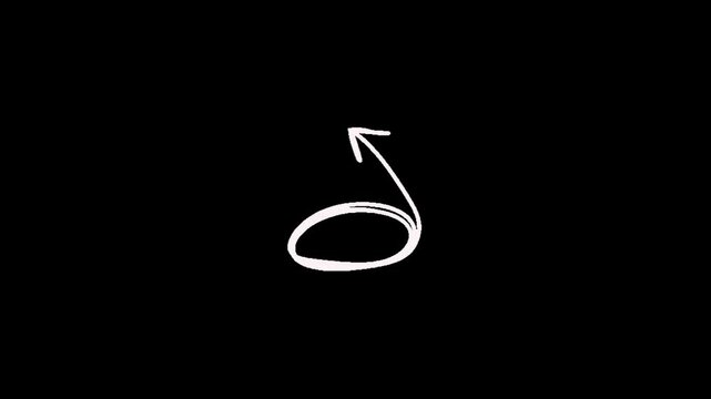 Circle, doodle, scribble, a white hand drawn loop with arrow pointing up and to the right on a black background