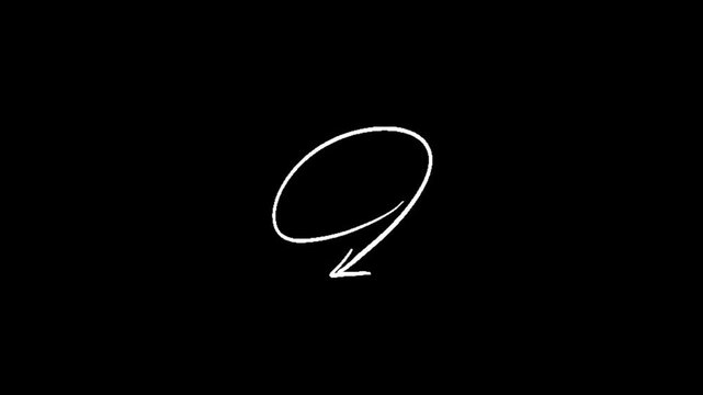 Circle, doodle, scribble, a white hand drawn number nine on a solid black background with elegant cursive script
