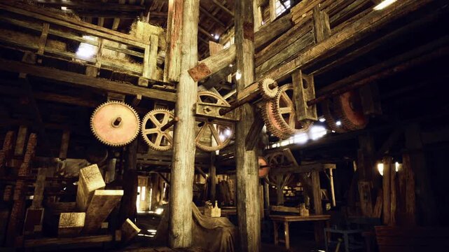 Rustic gristmill interior with giant gears under dim light, wooden beams layered with dust, creaking machinery and spoked wheels conveying age and decay,