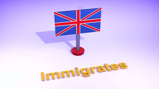 British flag on pin with Immigrants text, United Kingdom immigration concept, 3D render of UK national symbol for migration and border policy