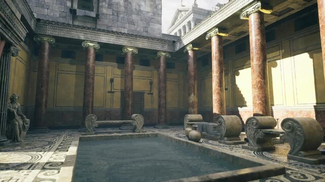 Sunlit open atrium with central pool, soaring columns and patterned floor, sculpted vases at edges, clear daylight and airy historic ambiance