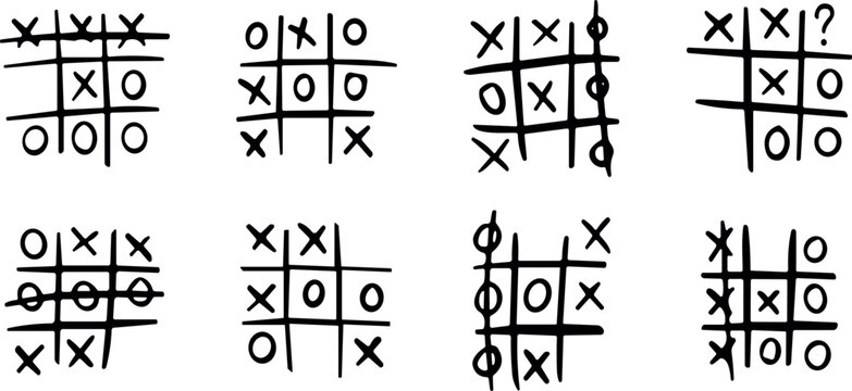 Set of eight hand drawn tic tac toe games with crosses and circles on a paper showing various stages of a match in black ink