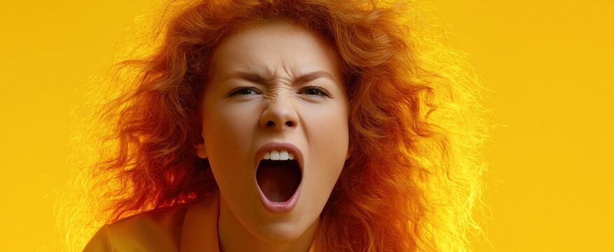 A vibrant scene featuring a red-haired woman shouting, surrounded by a bold yellow backdrop, radiating energy and conviction.