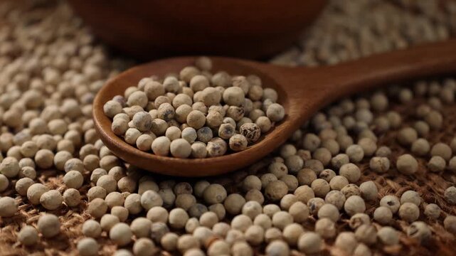 close-up of white pepper in a wooden spoon.