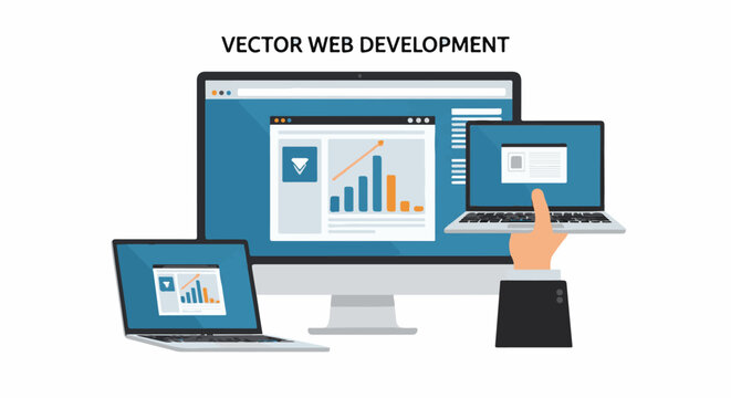 Computer monitors displaying charts and graphs for web development