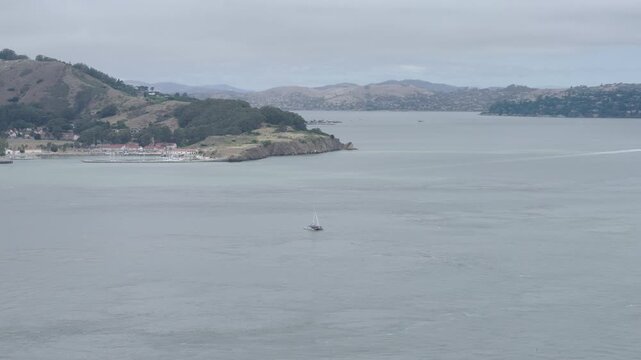 Sailboat on San Francisco Bay Near Marin Headlands  With Overcast Sky - Extra Wide, Aerial Shot