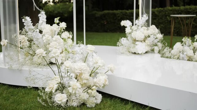 Beautiful white floral arrangements adorn a sleek white platform, creating a stunning backdrop for a wedding ceremony in a lush garden