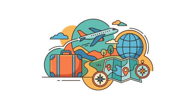 Vacation travel essentials suitcase plane map compass globe and scenery