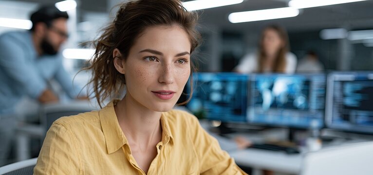 In a modern tech hub, a futuristic AI coding assistant fosters real-time software creation and collaborative innovation.